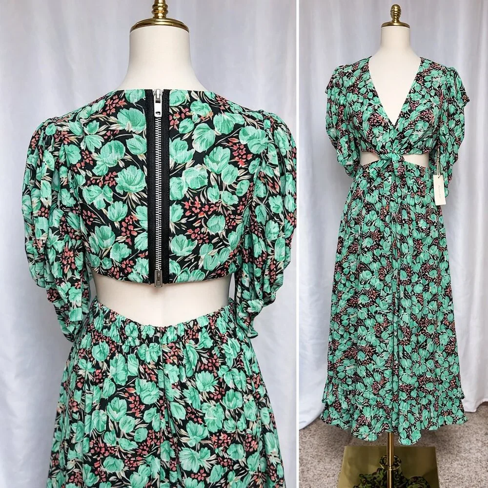Rosevelvet Floral Cutout Midi Dress Mint Green Puff Sleeve Tie Front Boho Size M - Picture 3 of 9